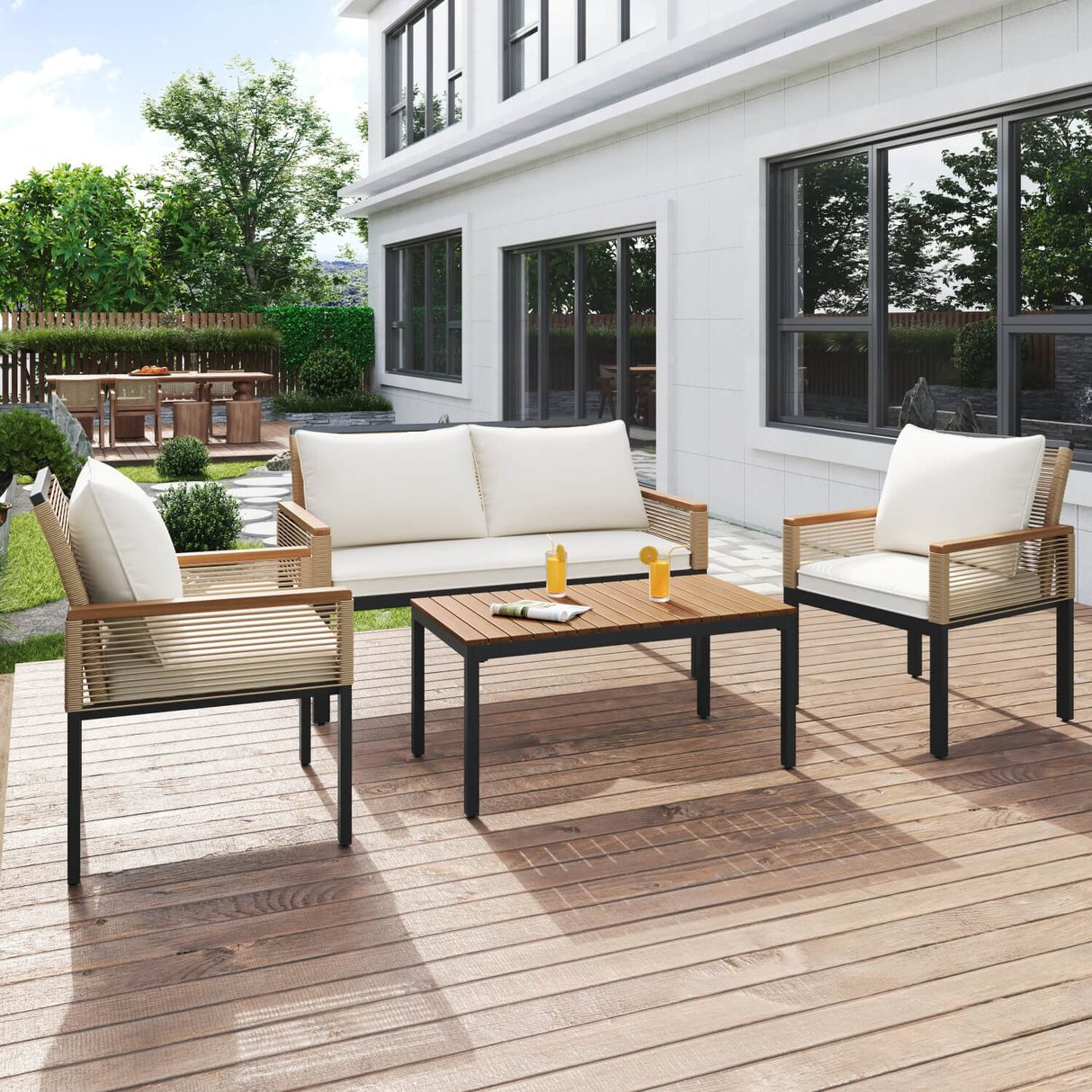 4 Seater Rattan Garden Furniture Set - Outdoor Sofa Set with Cushions, Table and Chairs, Beige
