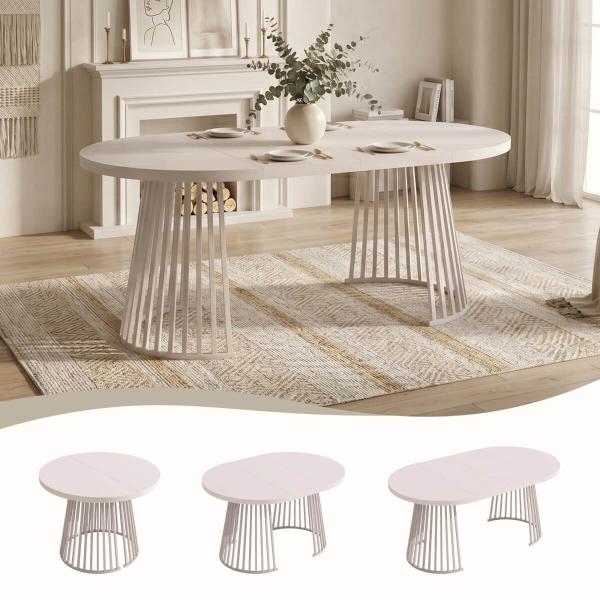 4-8 Seater Extendable Round Dining Table - Round to Oval Kitchen Table with 3cm Thick Tabletop and Metal Pedestal Base, Cashmere
