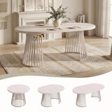 4-8 Seater Extendable Round Dining Table - Round to Oval Kitchen Table with 3cm Thick Tabletop and Metal Pedestal Base, Cashmere