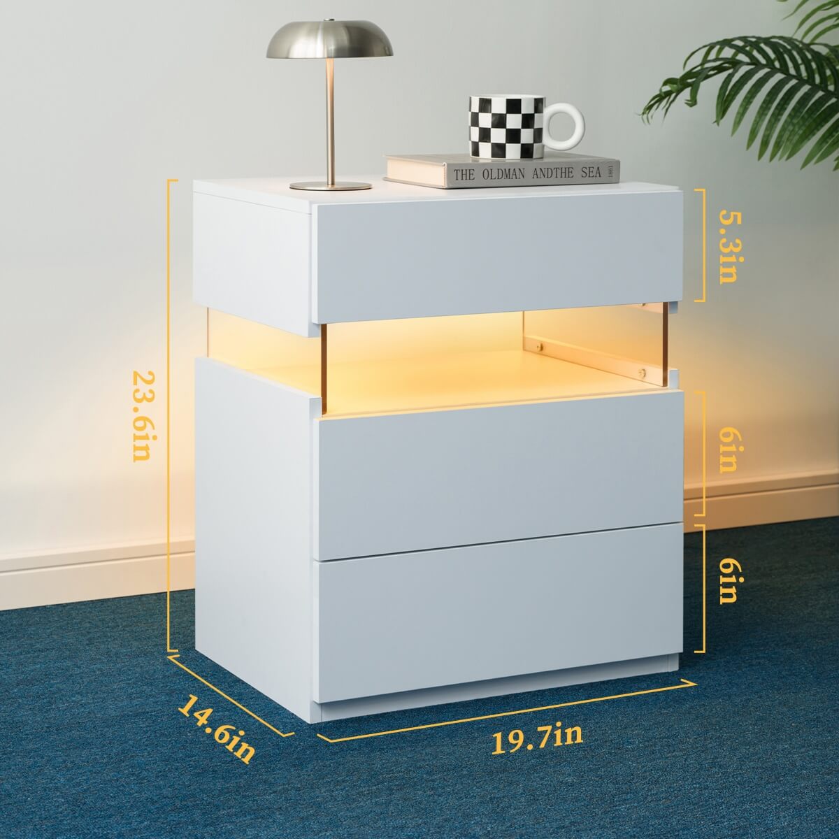 LED Bedside Table with 3 Drawers - Acrylic Nightstand, White
