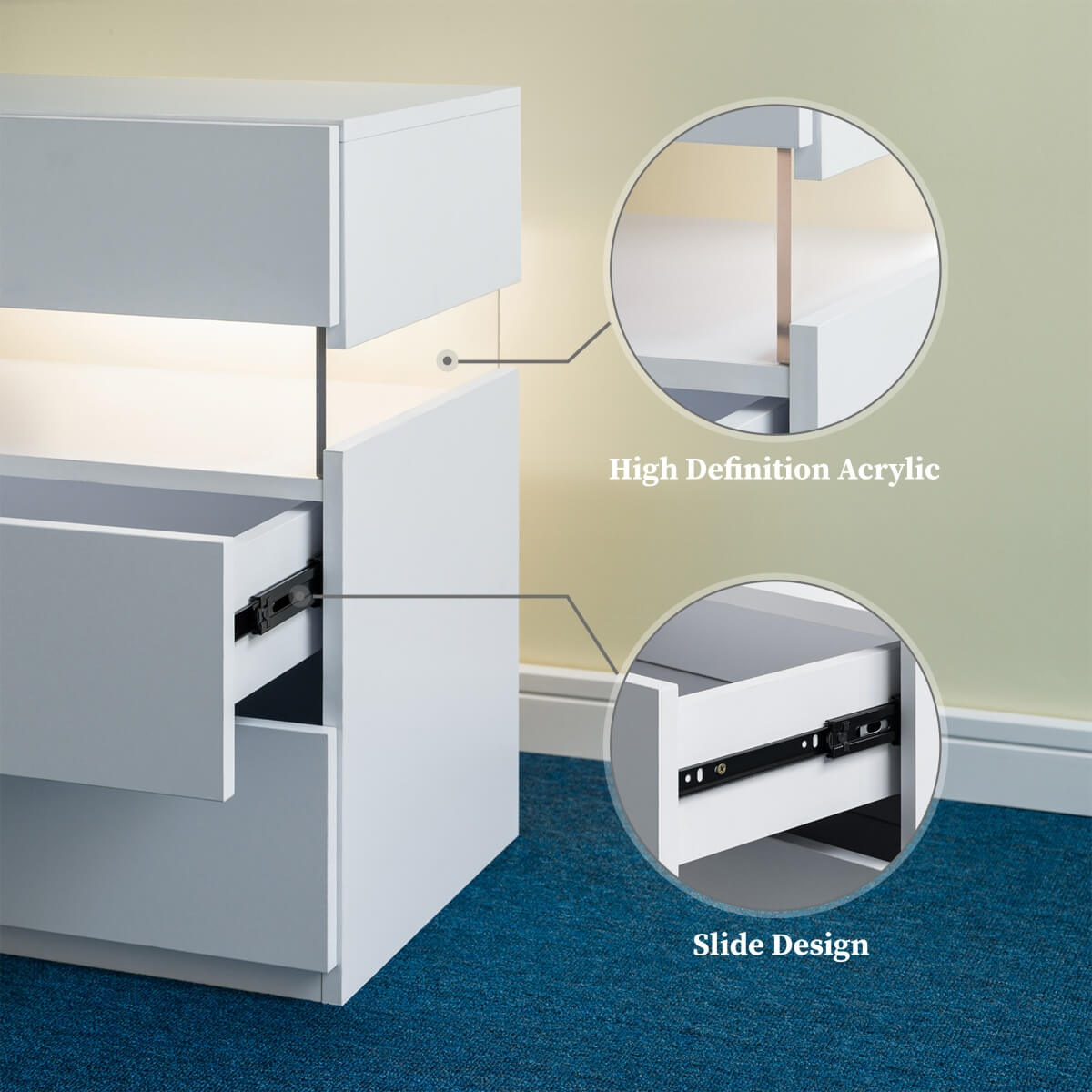LED Bedside Table with 3 Drawers - Acrylic Nightstand, White