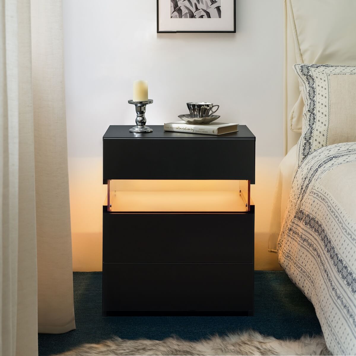 LED Bedside Table with 3 Drawers - Acrylic Nightstand, Black