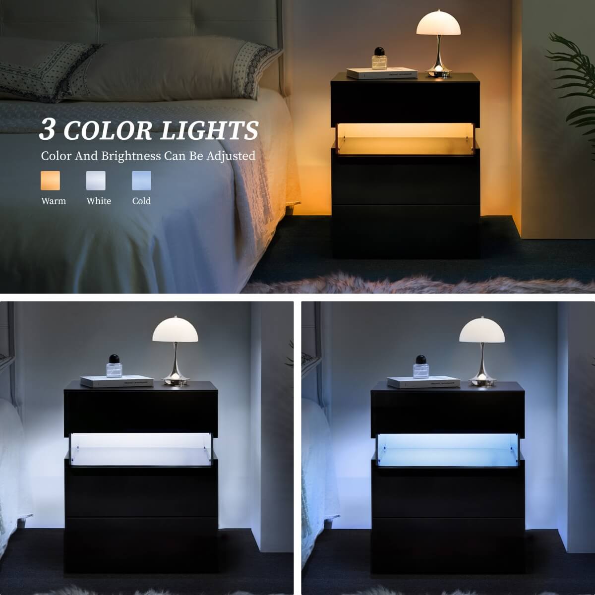 LED Bedside Table with 3 Drawers - Acrylic Nightstand, Black