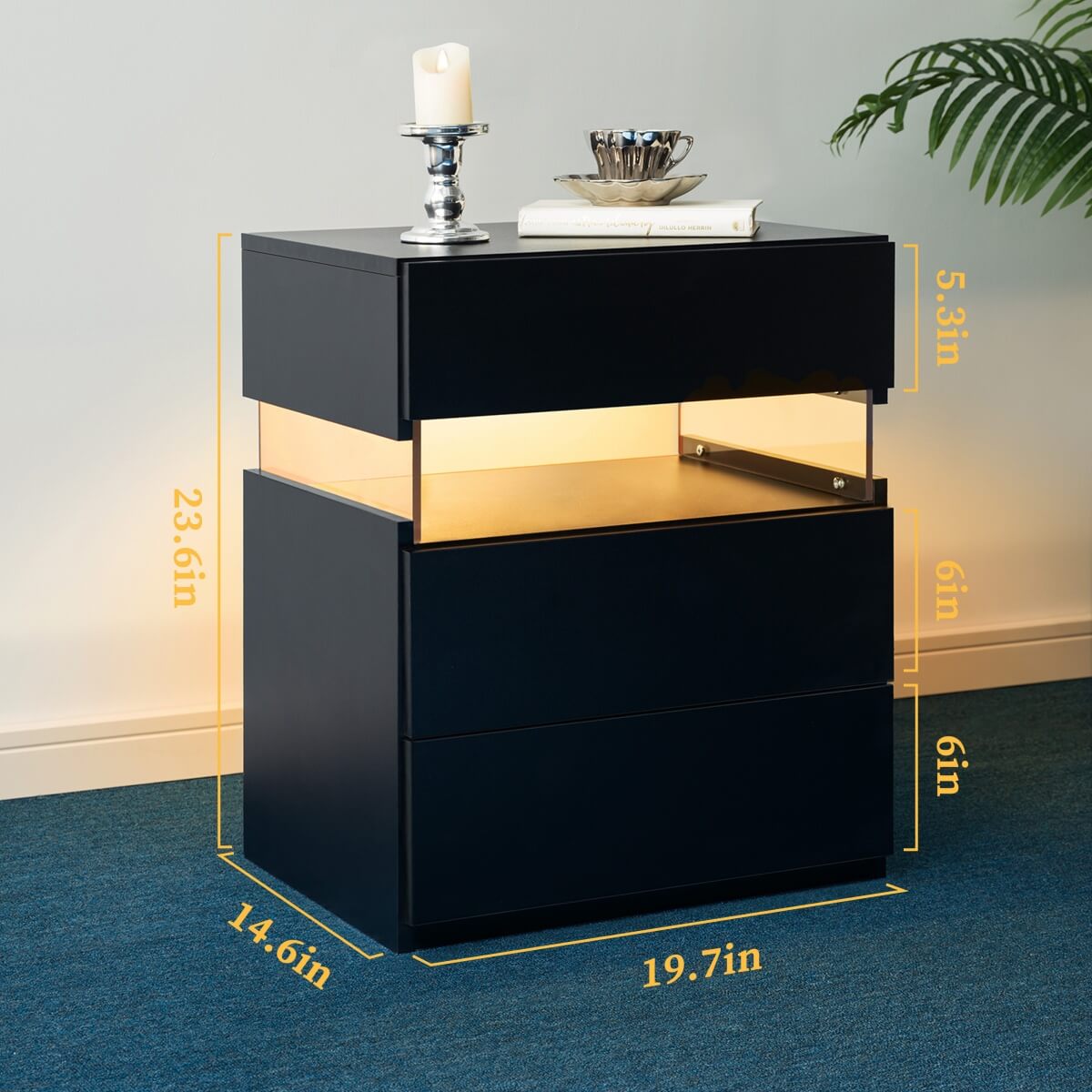 LED Bedside Table with 3 Drawers - Acrylic Nightstand, Black