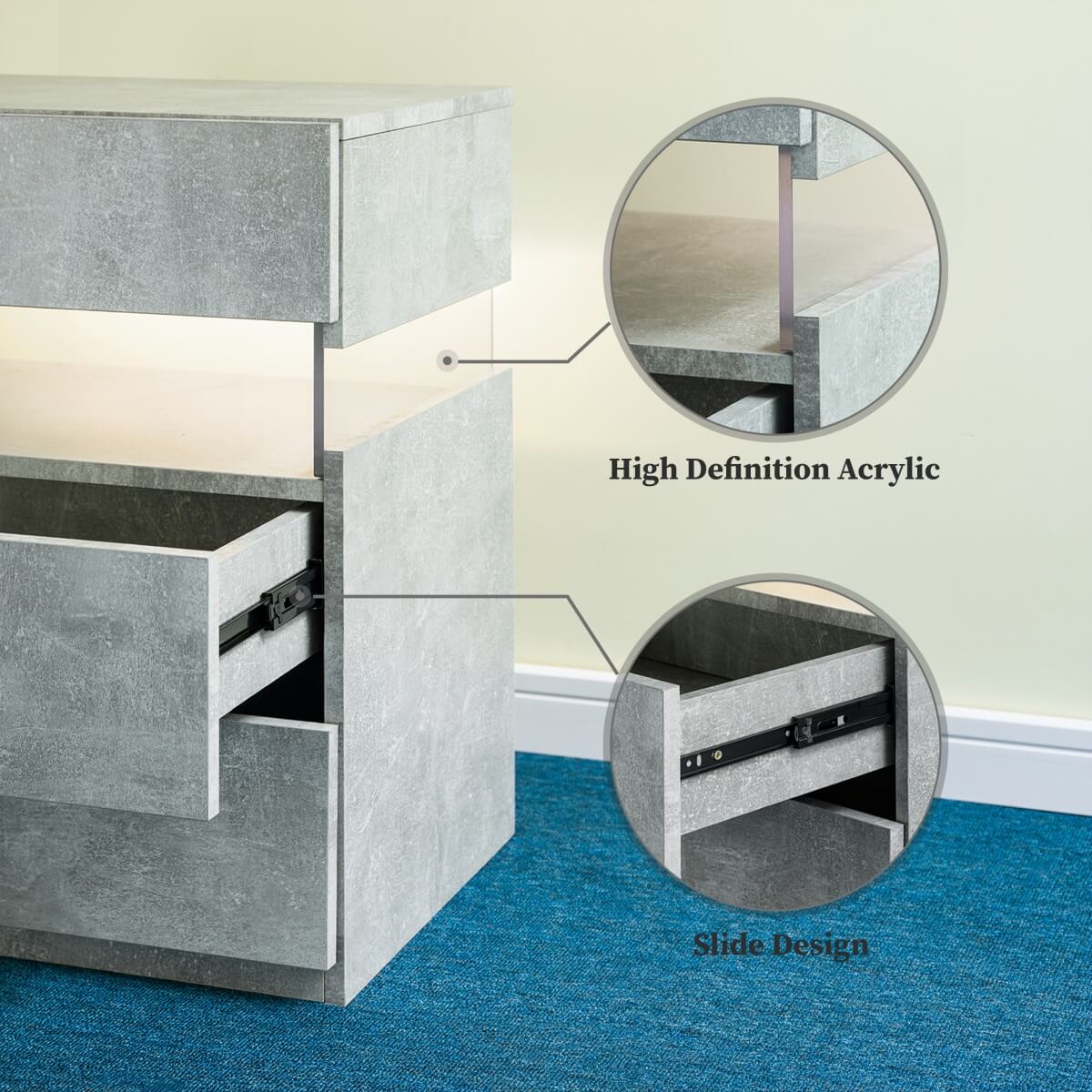 LED Bedside Table with 3 Drawers - Acrylic, Grey
