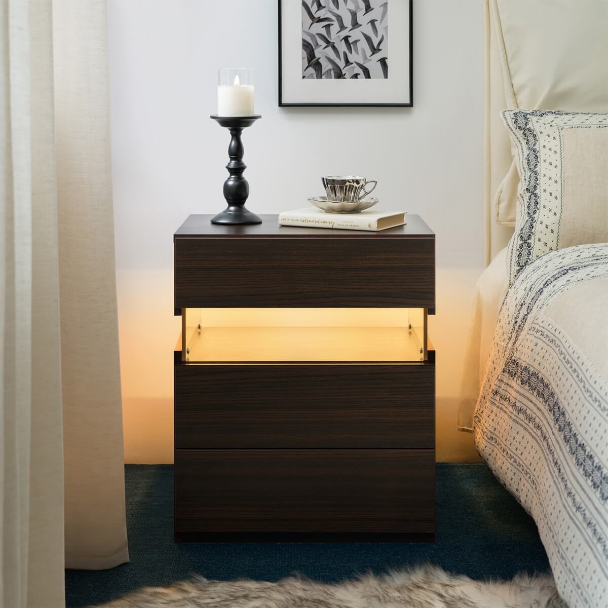 Walnut LED Bedside Table with 3 Drawers - Modern Bedroom Nightstand with LED Lighting