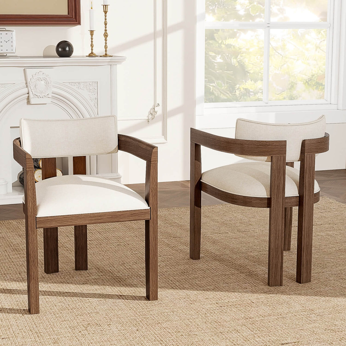 Set of 2 Solid Wood Dining Chairs – Linen Upholstery, Walnut Finish, Suitable for Home or Café