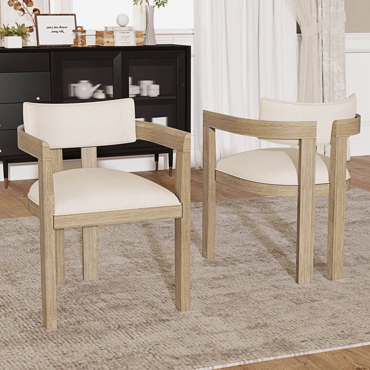 Set of 2 Solid Wood Dining Chairs – Linen Upholstery, Natural Finish, Suitable for Home, Restaurant or Café