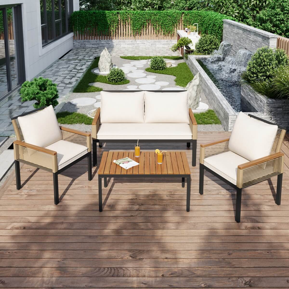 4 Seater Rattan Garden Furniture Set - Outdoor Sofa Set with Cushions, Table and Chairs, Beige