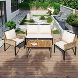 4 Seater Rattan Garden Furniture Set - Outdoor Sofa Set with Cushions, Table and Chairs, Beige