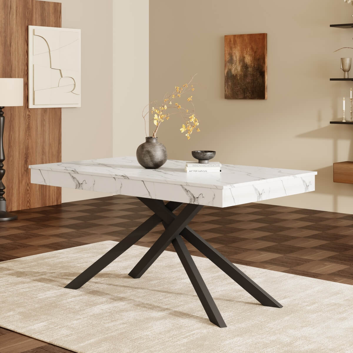 Extendable Dining Table for 6-8 - Modern Table with Marble Effect Tabletop & Metal Cross Legs, Rectangular Kitchen & Dining Room Table, White