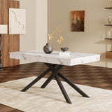 Extendable Dining Table for 6-8 - Modern Table with Marble Effect Tabletop & Metal Cross Legs, Rectangular Kitchen & Dining Room Table, White