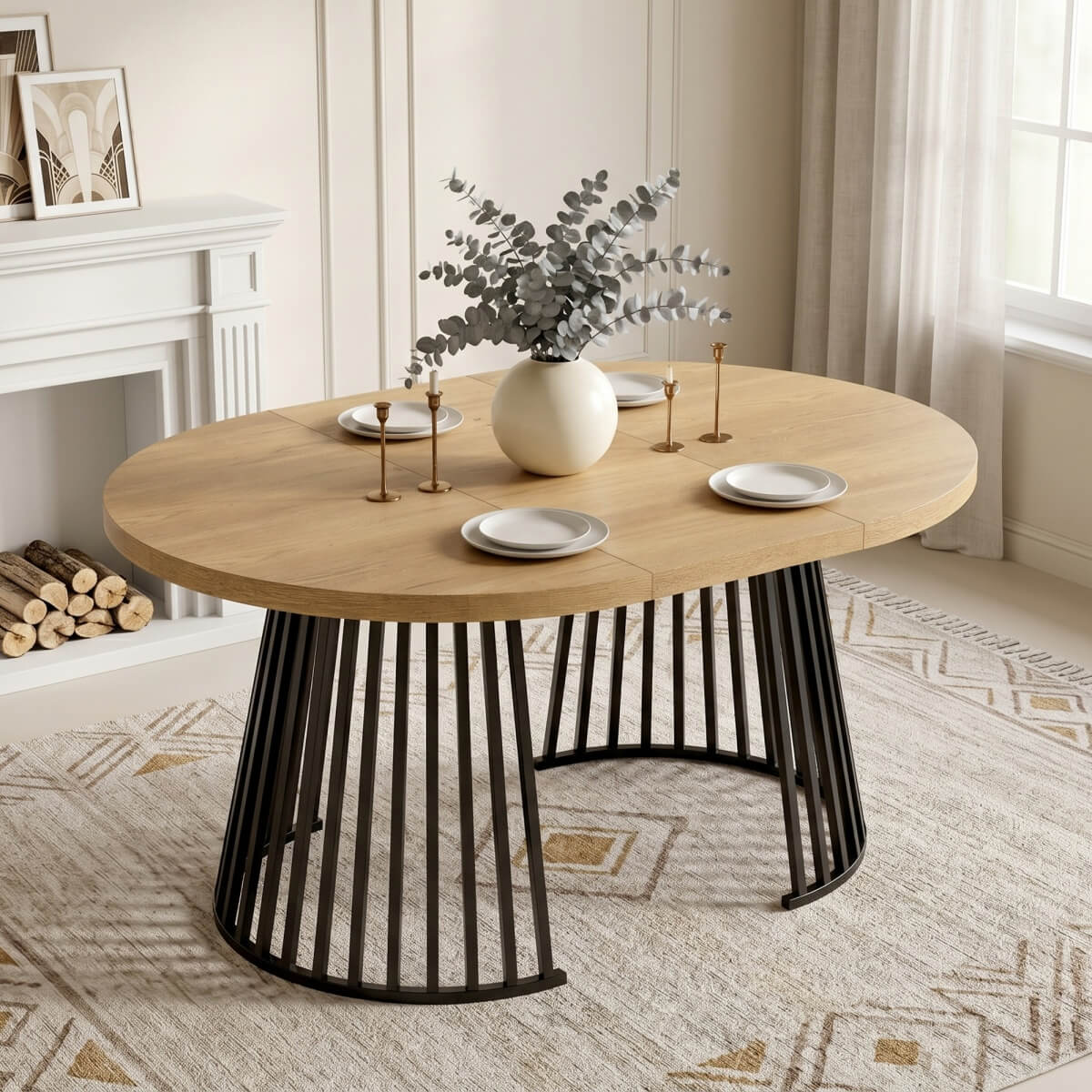 4-8 Seater Extendable Round Dining Table - Round to Oval Kitchen Table with 3cm Thick Tabletop and Metal Pedestal Base, Oak and Black