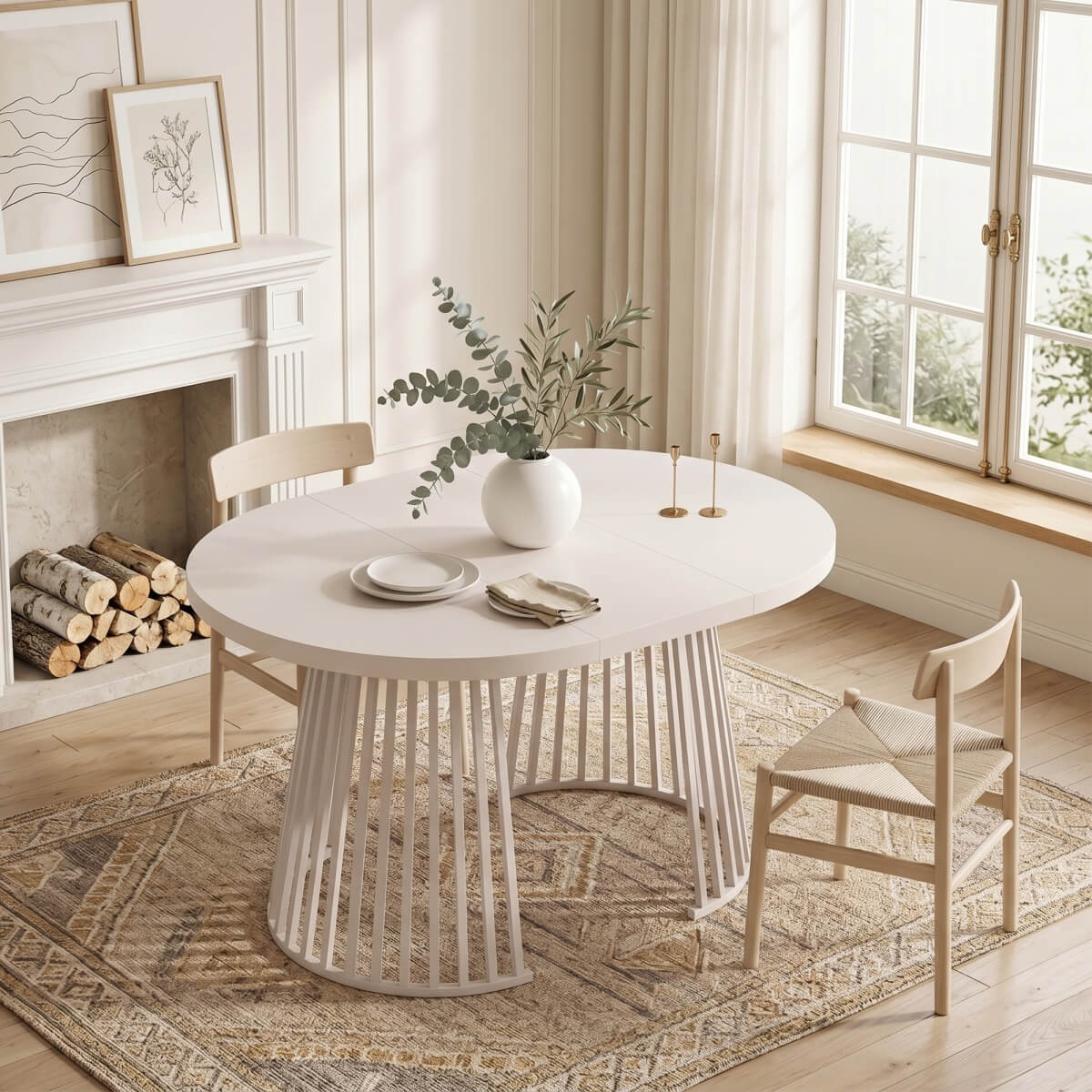 4-8 Seater Extendable Round Dining Table - Round to Oval Kitchen Table with 3cm Thick Tabletop and Metal Pedestal Base, Cashmere
