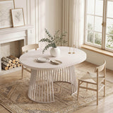 4-8 Seater Extendable Round Dining Table - Round to Oval Kitchen Table with 3cm Thick Tabletop and Metal Pedestal Base, Cashmere