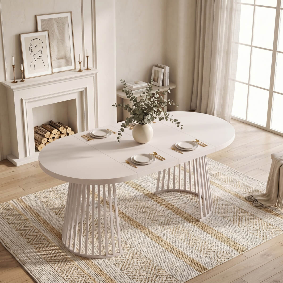 4-8 Seater Extendable Round Dining Table - Round to Oval Kitchen Table with 3cm Thick Tabletop and Metal Pedestal Base, Cashmere