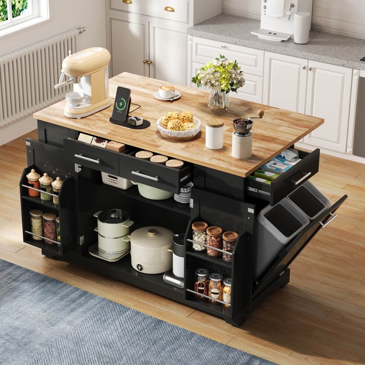 138cm Kitchen Island on Wheels with Folding Worktop - Mobile Kitchen Cabinet with Pull-Out Bin & Power Outlet