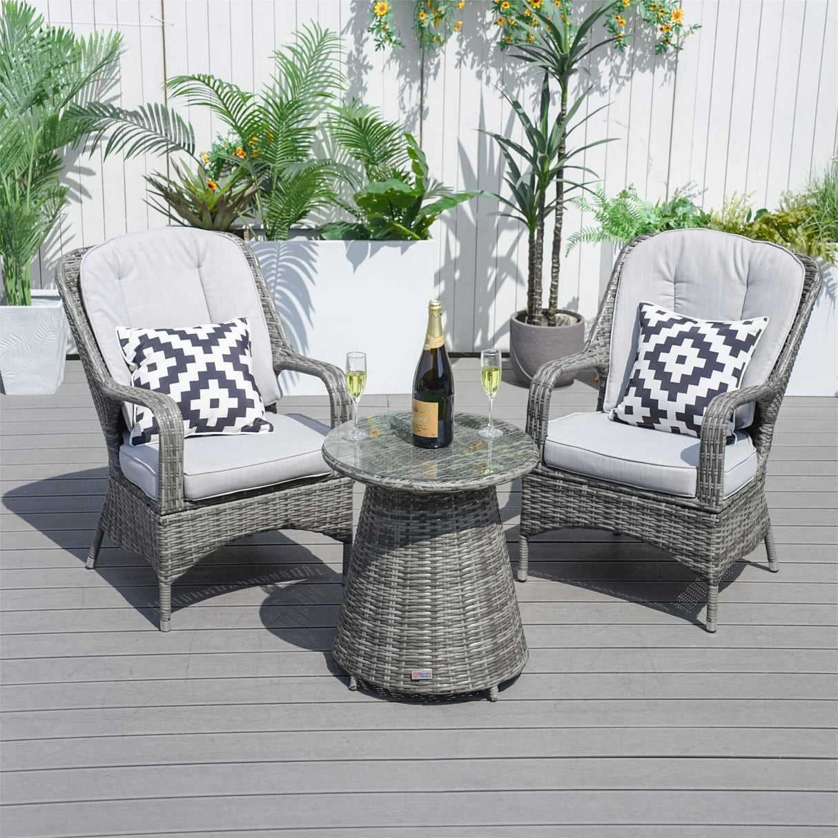 3-Piece Grey Rattan Bistro Set - Outdoor Garden Chairs with Round Coffee Table