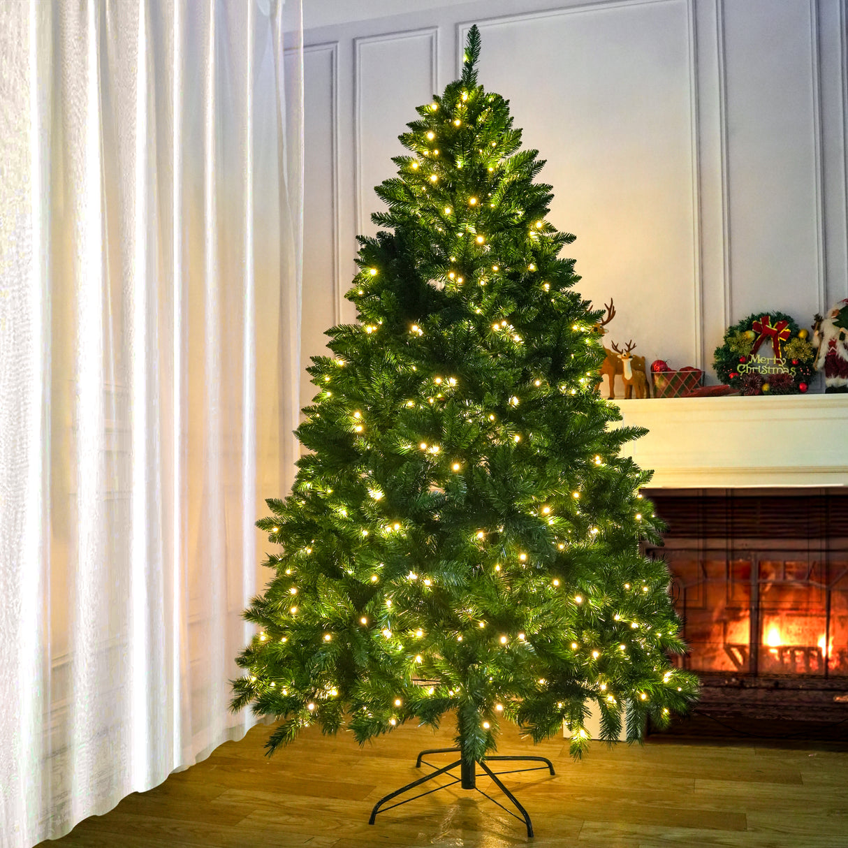 Realistic Full Green Artificial Christmas Tree - Lush PVC Xmas Tree with Pre-Lit Warm White LED Lights for Indoor Festive Decoration, 6ft/7ft