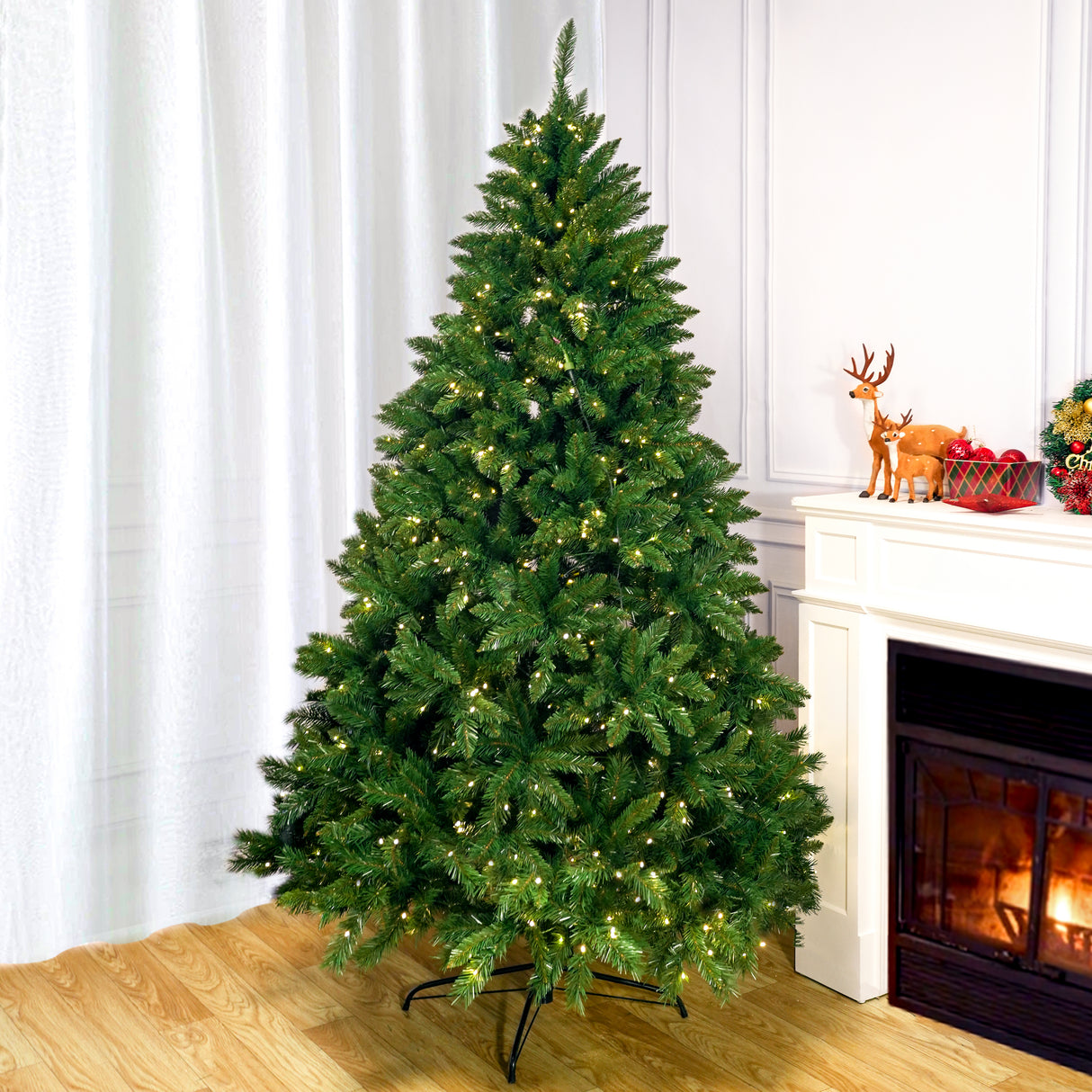 Realistic Full Green Artificial Christmas Tree - Lush PVC Xmas Tree with Pre-Lit Warm White LED Lights for Indoor Festive Decoration, 6ft/7ft