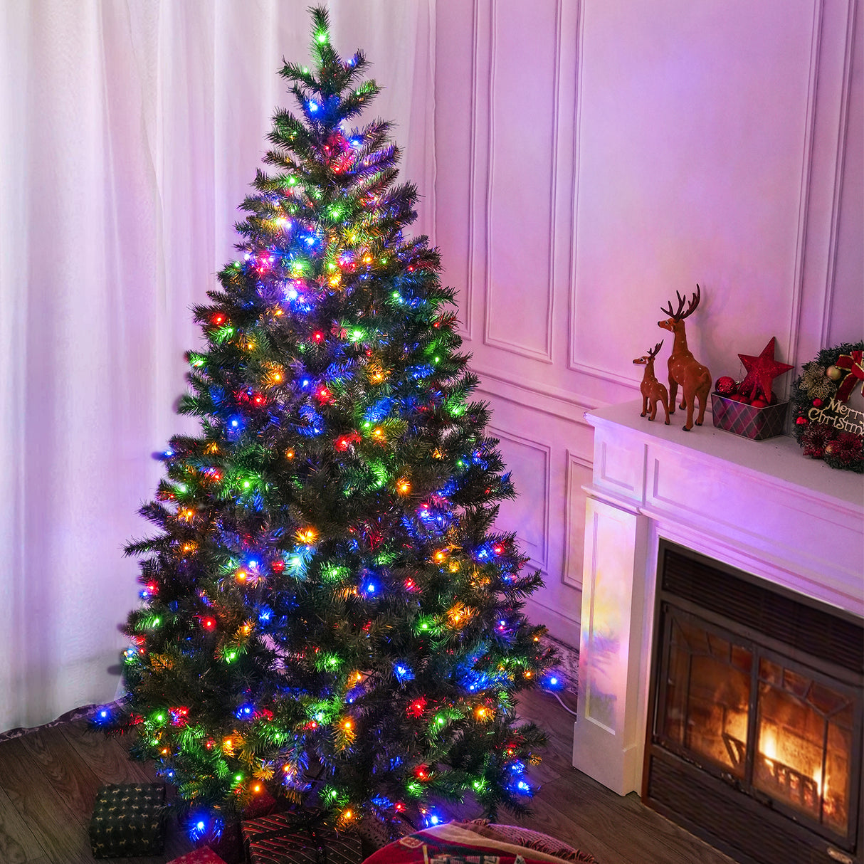 Realistic Full Green Artificial Christmas Tree - Premium PVC Xmas Tree with Pre-Lit 11-Mode Colour-Changing LED Lights, 6ft/7ft