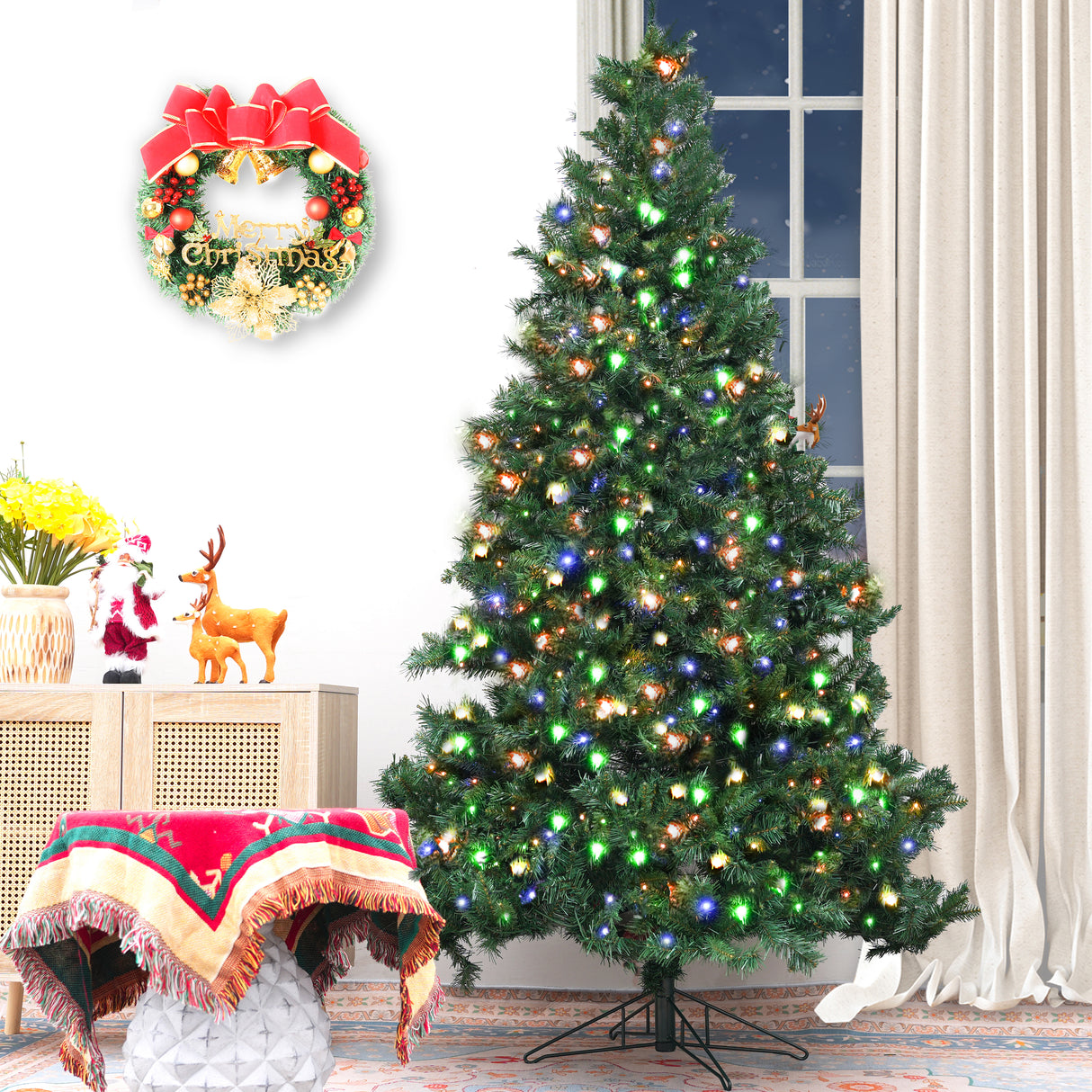 Realistic Full Green Artificial Christmas Tree - Premium PVC Xmas Tree with Pre-Lit 11-Mode Colour-Changing LED Lights, 6ft/7ft