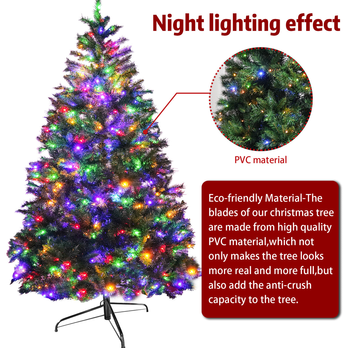 Realistic Full Green Artificial Christmas Tree - Premium PVC Xmas Tree with Pre-Lit 11-Mode Colour-Changing LED Lights, 6ft/7ft
