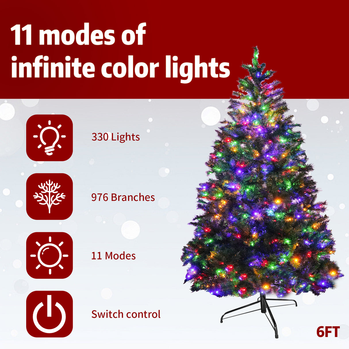 Realistic Full Green Artificial Christmas Tree - Premium PVC Xmas Tree with Pre-Lit 11-Mode Colour-Changing LED Lights, 6ft/7ft