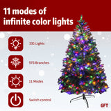Realistic Full Green Artificial Christmas Tree - Premium PVC Xmas Tree with Pre-Lit 11-Mode Colour-Changing LED Lights, 6ft/7ft