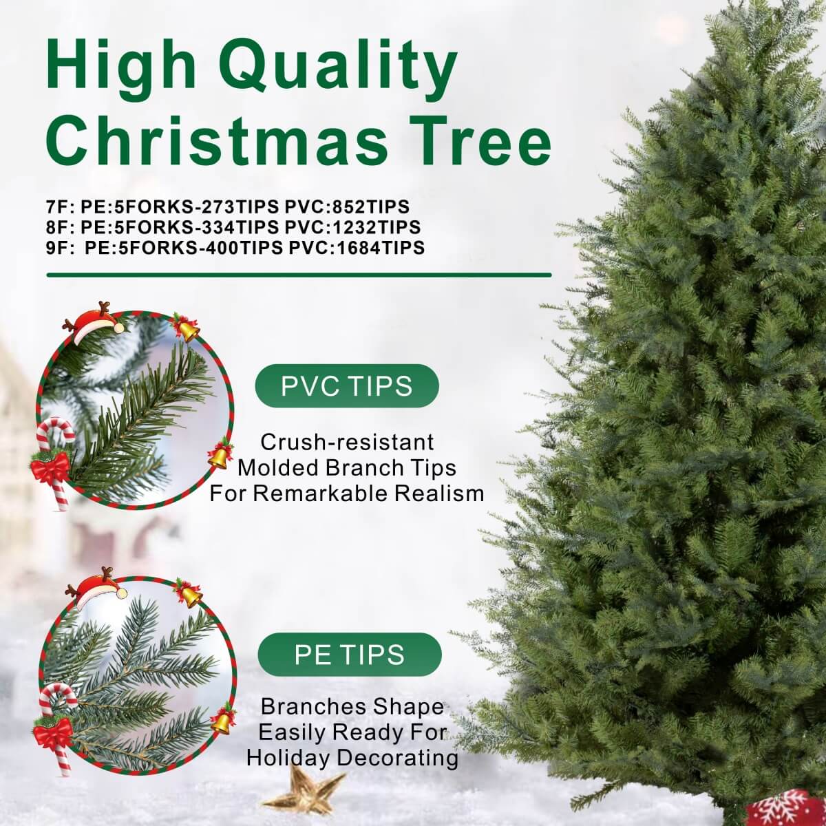 Realistic PE & PVC Artificial Christmas Tree - Full Mixed-Foliage Xmas Tree for a Lush Festive Look, 7ft/8ft/9ft
