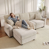 3-4 Seater Modern Sofa with Footstool - USB and Type-C Charging, Beige