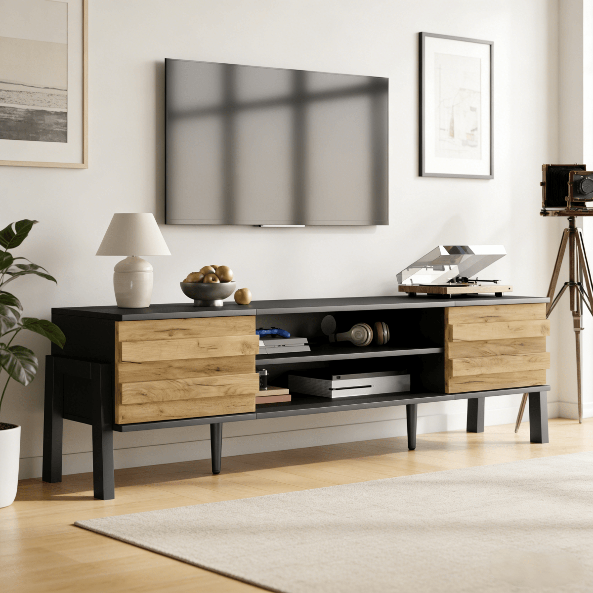 TV Unit with Storage – 2 Cabinets & Open Shelves, Natural Wood & Black