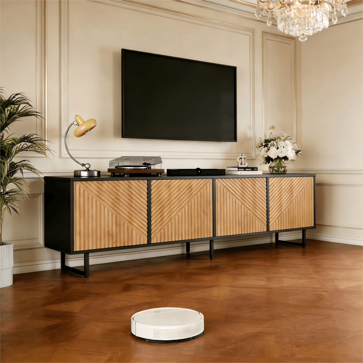 180cm Industrial TV Stand for 75 Inch TVs - Black & Wood Media Console with 4 Storage Cabinets