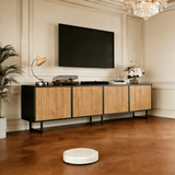 180cm Industrial TV Stand for 75 Inch TVs - Black & Wood Media Console with 4 Storage Cabinets