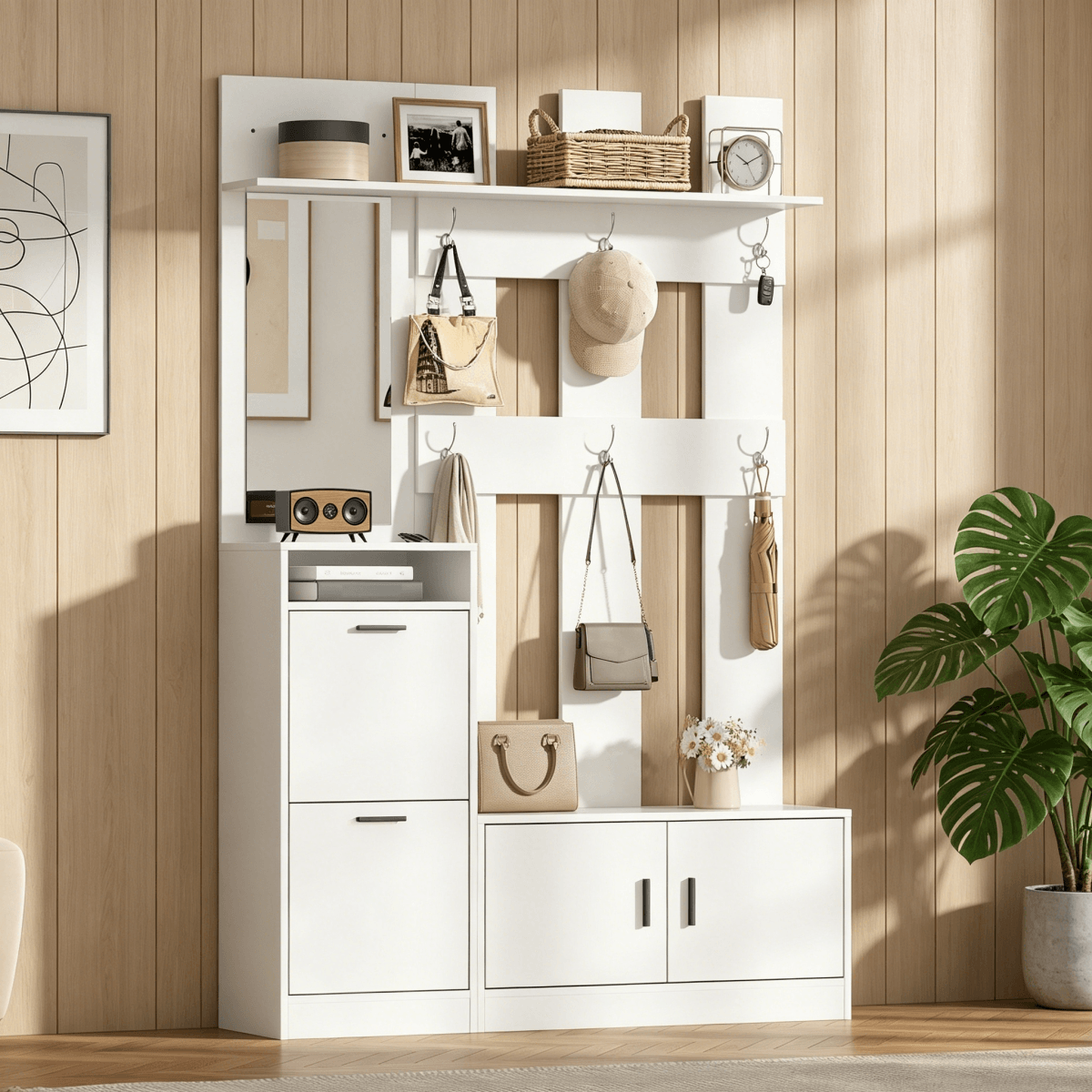 Modern White Hall Tree Entryway Set with Mirror - Freestanding Coat Rack and Shoe Storage Cabinet with 6 Hooks and Shoe Bench