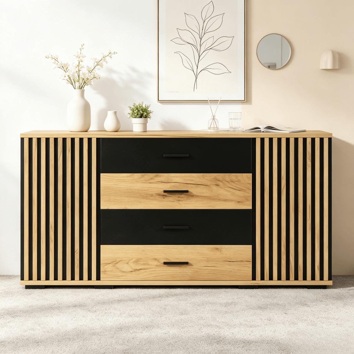 Fluted Sideboard with 4 Drawers and 2 Doors - Oak and Black Storage Cabinet