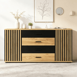 Fluted Sideboard with 4 Drawers and 2 Doors - Oak and Black Storage Cabinet