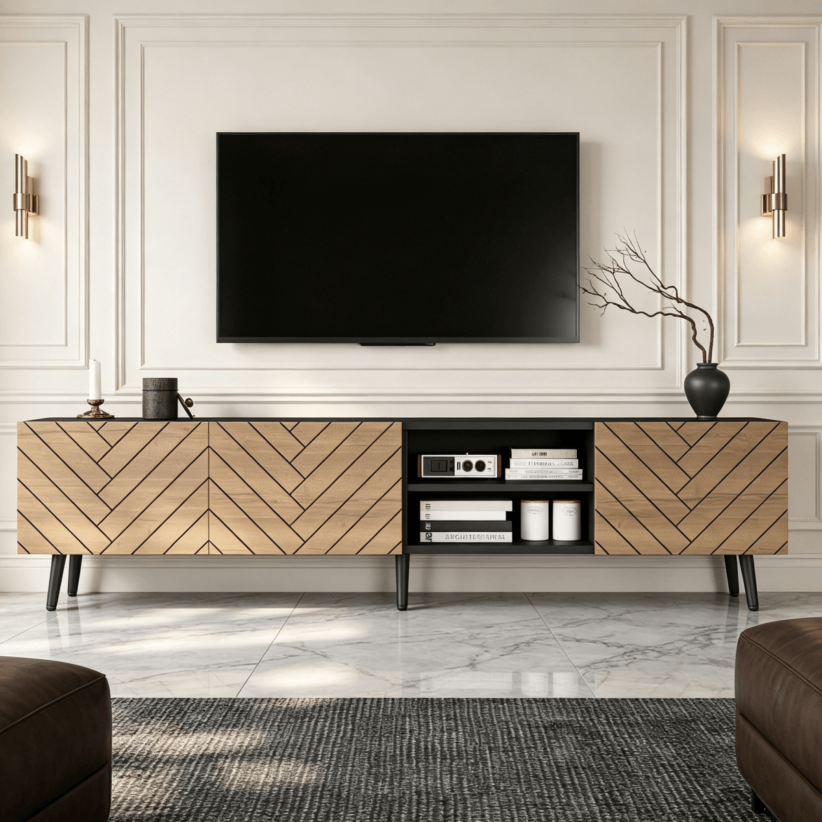 Modern Geometric TV Stand - Black Media Console with Storage Cabinets & Open Shelf