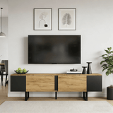 TV Unit - 2 Cabinets and Open Storage, Fits up to 75 Inch TV, Wood and Black