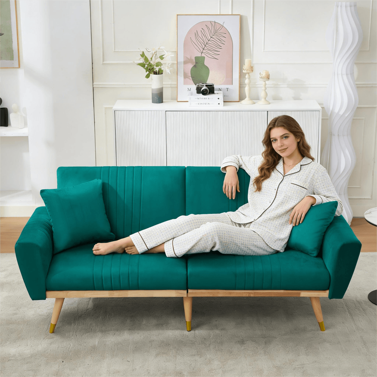 Convertible Futon Sofa Bed - Adjustable Backrest, Fleece Fabric, 2 Seater, Green