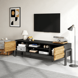 TV Unit with Storage – 2 Cabinets & Open Shelves, Natural Wood & Black