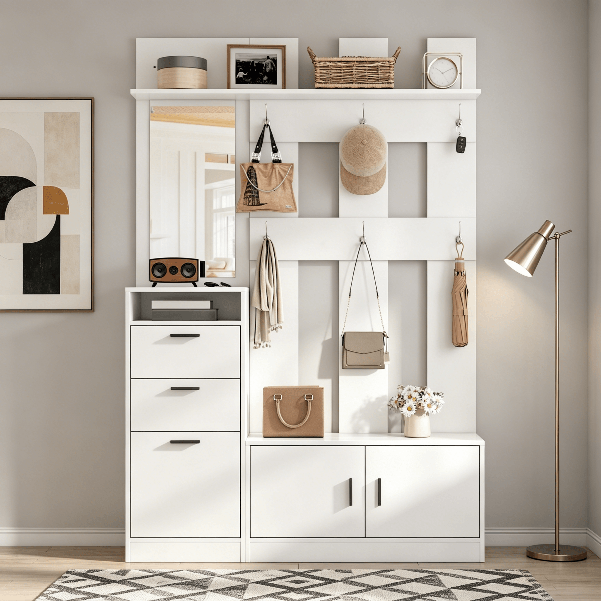 Modern White Hall Tree Entryway Set with Mirror - Freestanding Coat Rack and Shoe Storage Cabinet with 6 Hooks and Shoe Bench