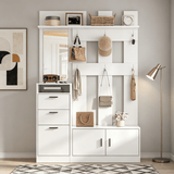 Modern White Hall Tree Entryway Set with Mirror - Freestanding Coat Rack and Shoe Storage Cabinet with 6 Hooks and Shoe Bench