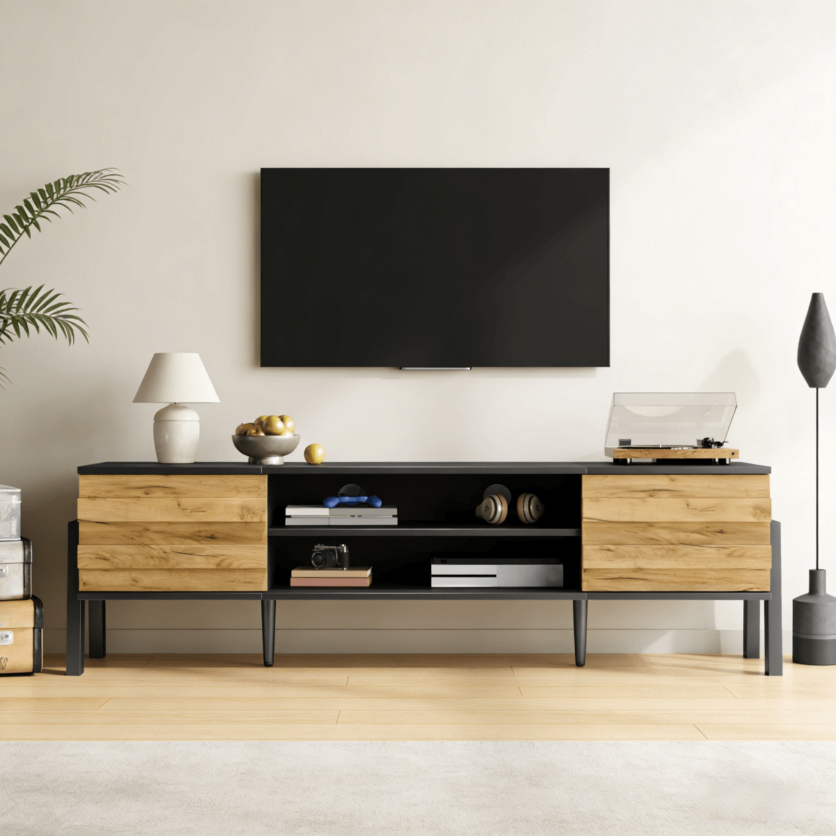 TV Unit with Storage – 2 Cabinets & Open Shelves, Natural Wood & Black