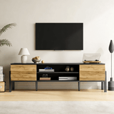 TV Unit with Storage – 2 Cabinets & Open Shelves, Natural Wood & Black