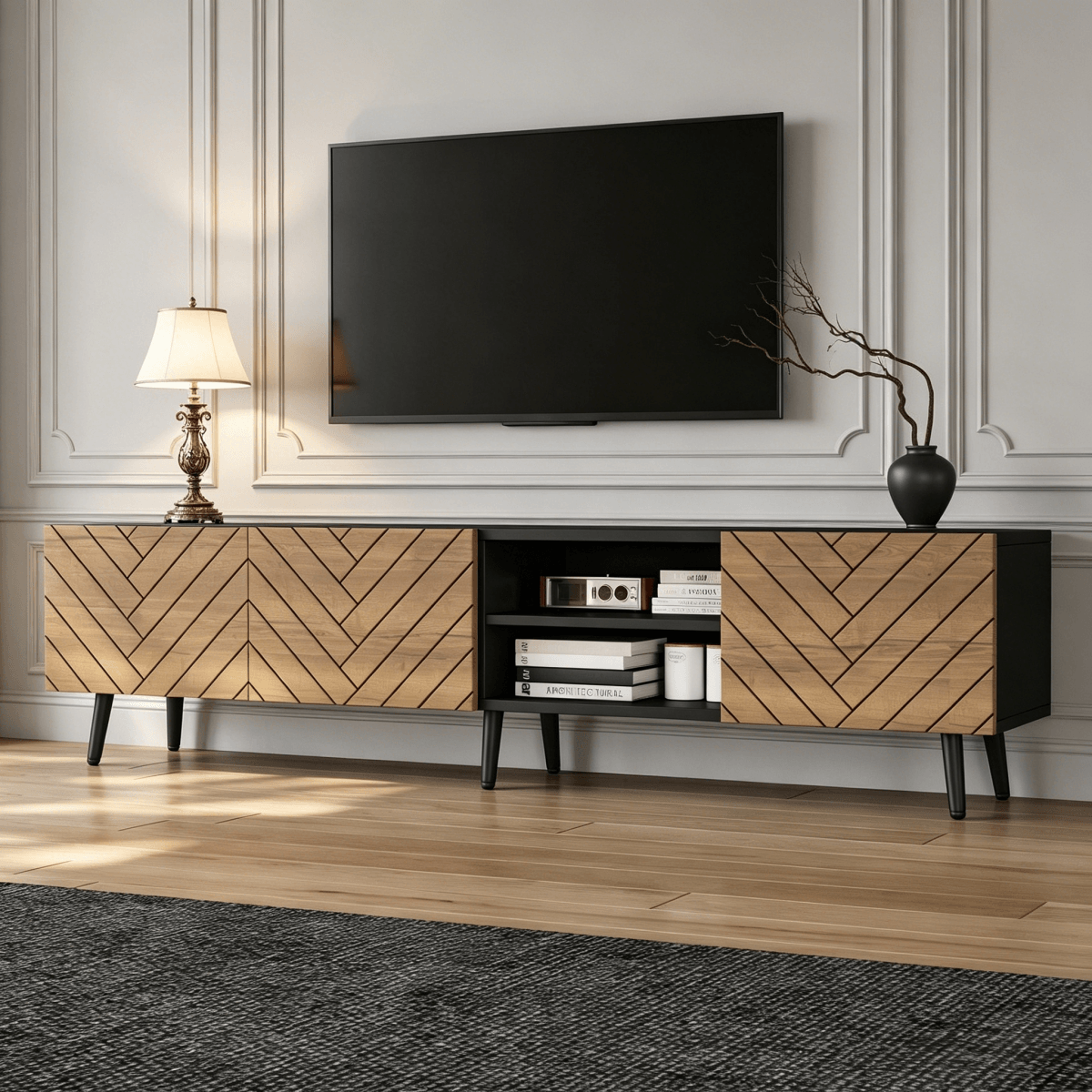 Modern Geometric TV Stand - Black Media Console with Storage Cabinets & Open Shelf