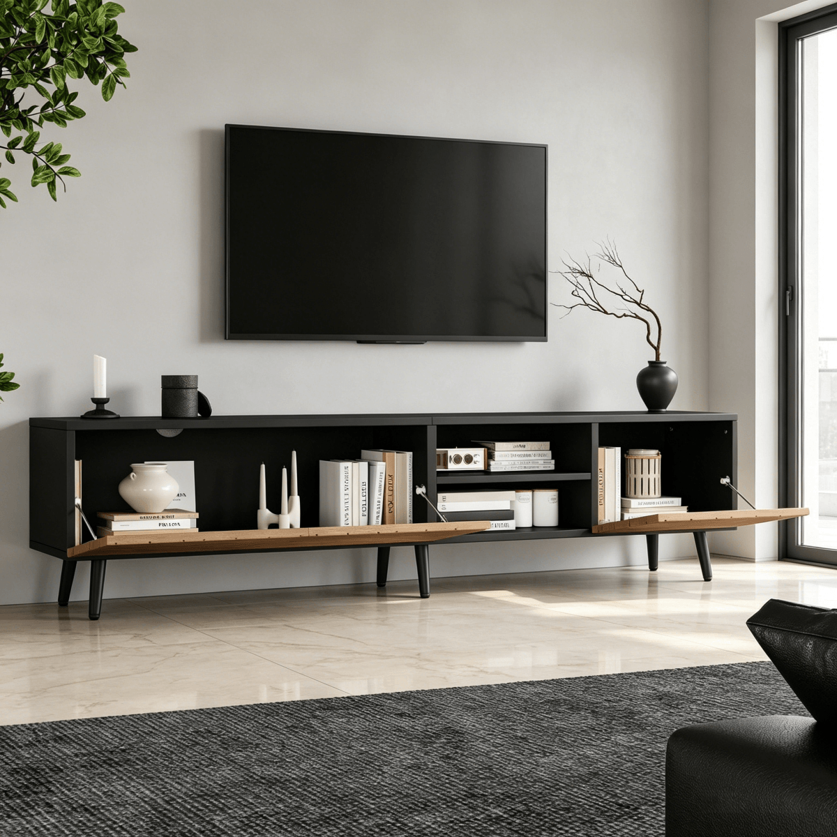 Modern Geometric TV Stand - Black Media Console with Storage Cabinets & Open Shelf