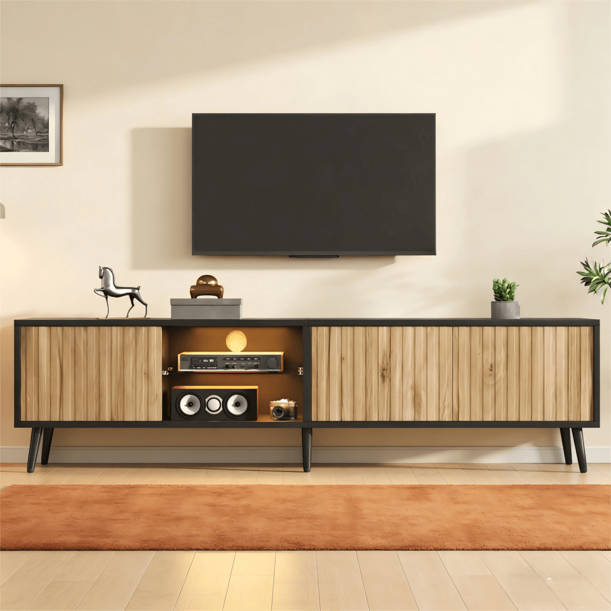 175cm Mid-Century Modern LED TV Stand - Black Media Console with Storage Cabinets