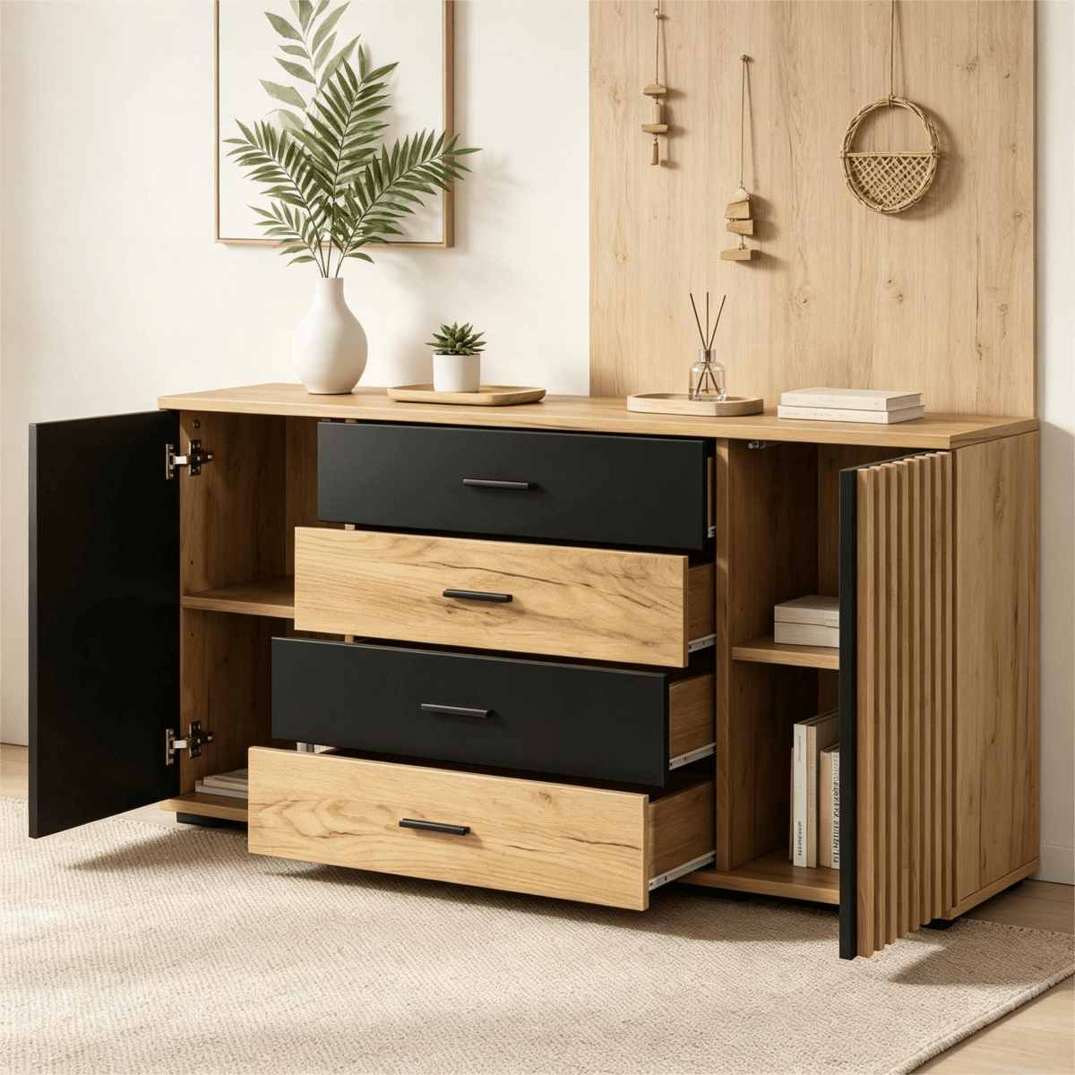 Fluted Sideboard with 4 Drawers and 2 Doors - Oak and Black Storage Cabinet