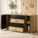Fluted Sideboard with 4 Drawers and 2 Doors - Oak and Black Storage Cabinet